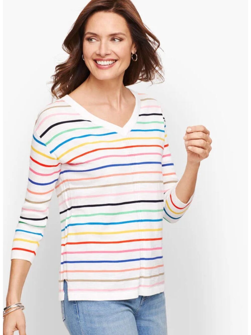 Talbots Womens M Multicolor Striped V Neck Lightweight Knit 3/4 Sleeve Sweater
